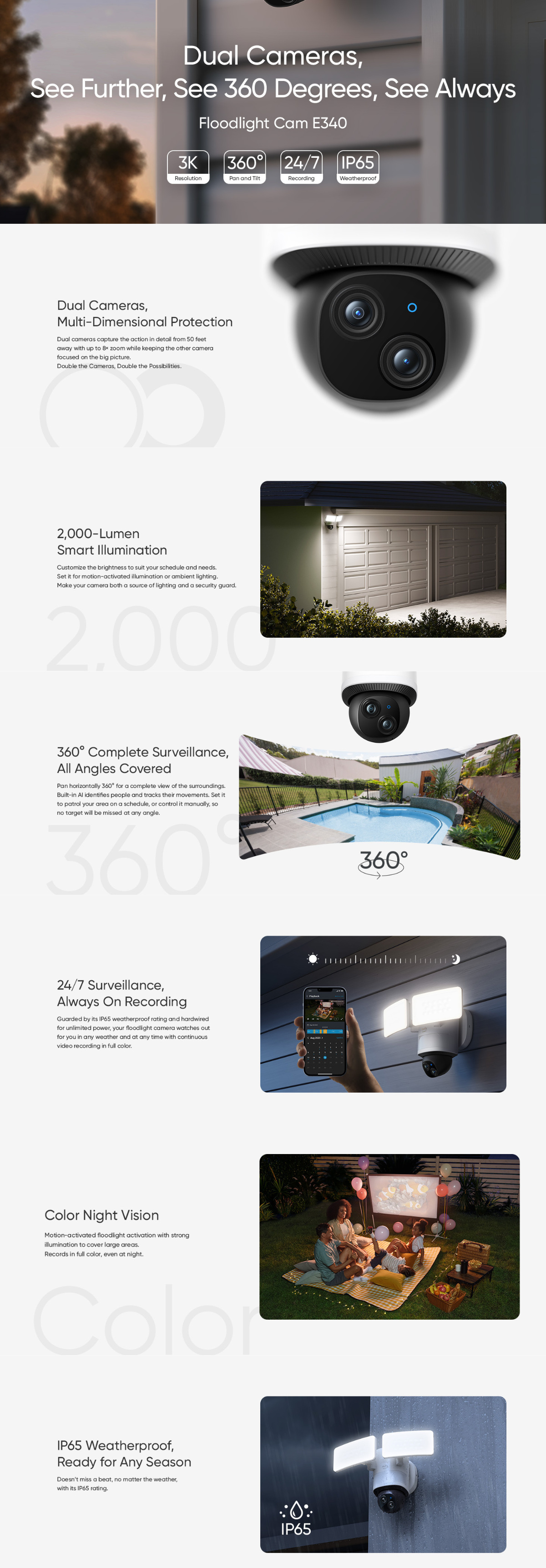 Camera supraveghere video eufy Edge 2 FloodLight E340, 360° Pan&Tilt, 2000 Lumen, 3K Full HD, audio bidirectional, iluminare smart, Alb