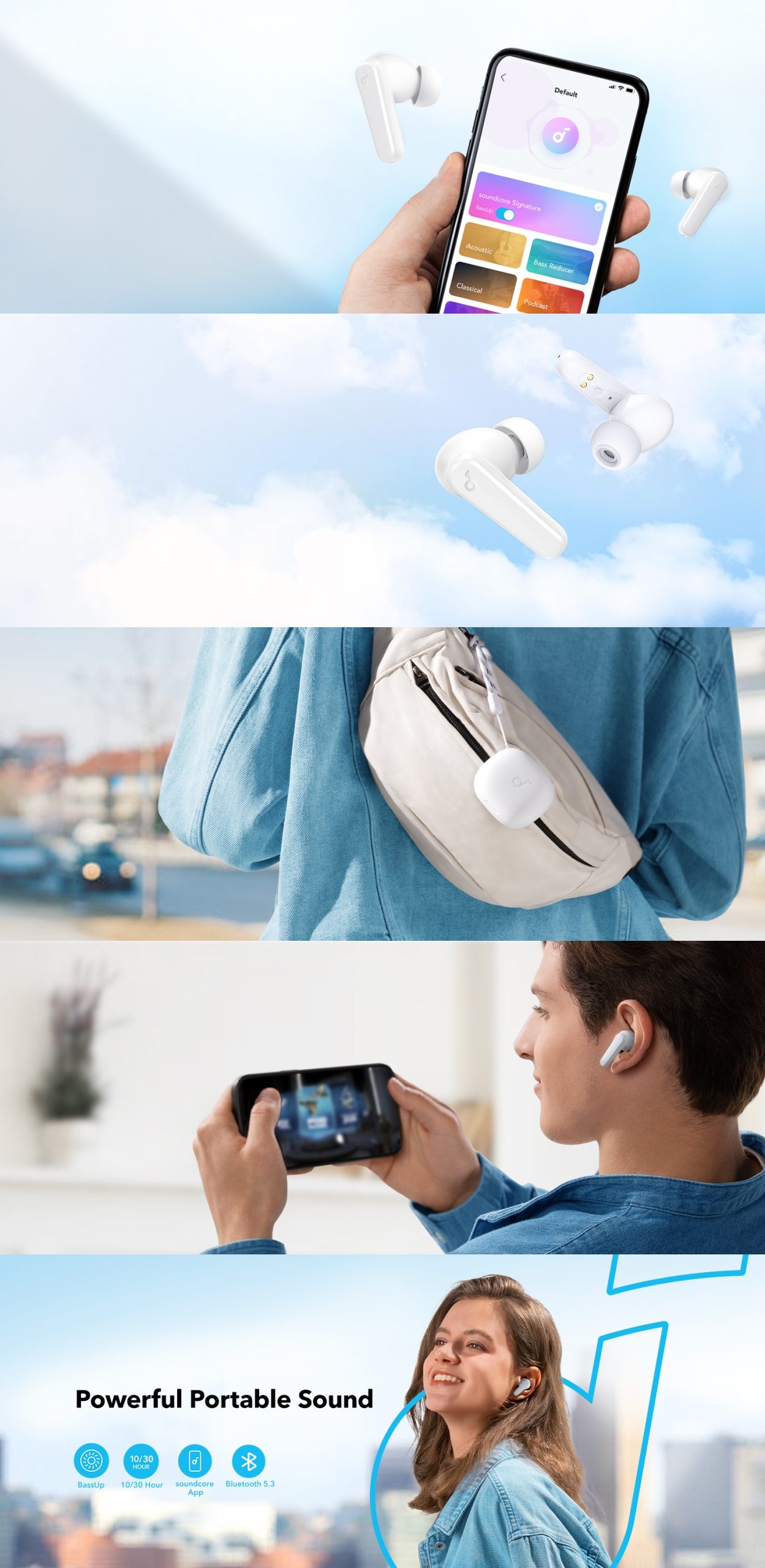 Casti True Wireless Anker SoundCore R50i, Bluetooth 5.3, autonomie 30H, Alb