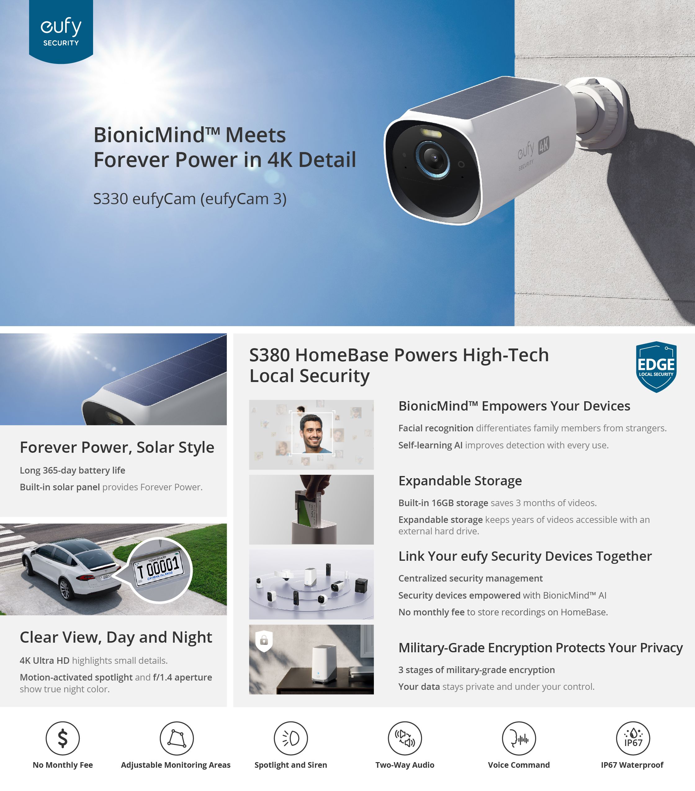 Camera Add-on eufycam 3 S330, 4K Ultra HD, Incarcare solara, BionicMind™, Nightvision