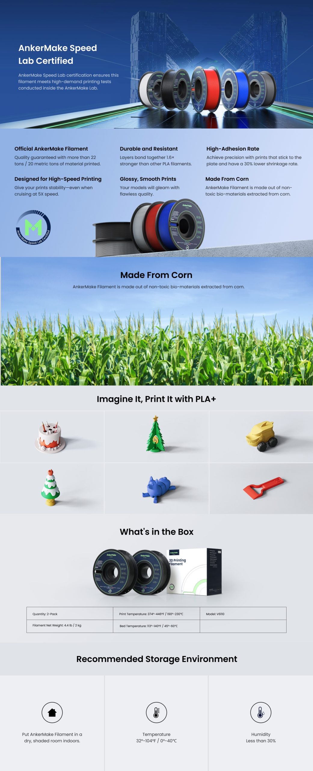 Set de 2x Filament AnkerMake PLA+ pentru imprimanta AnkerMake 3D, 2 kg, proiectat pentru imprimare de mare viteza