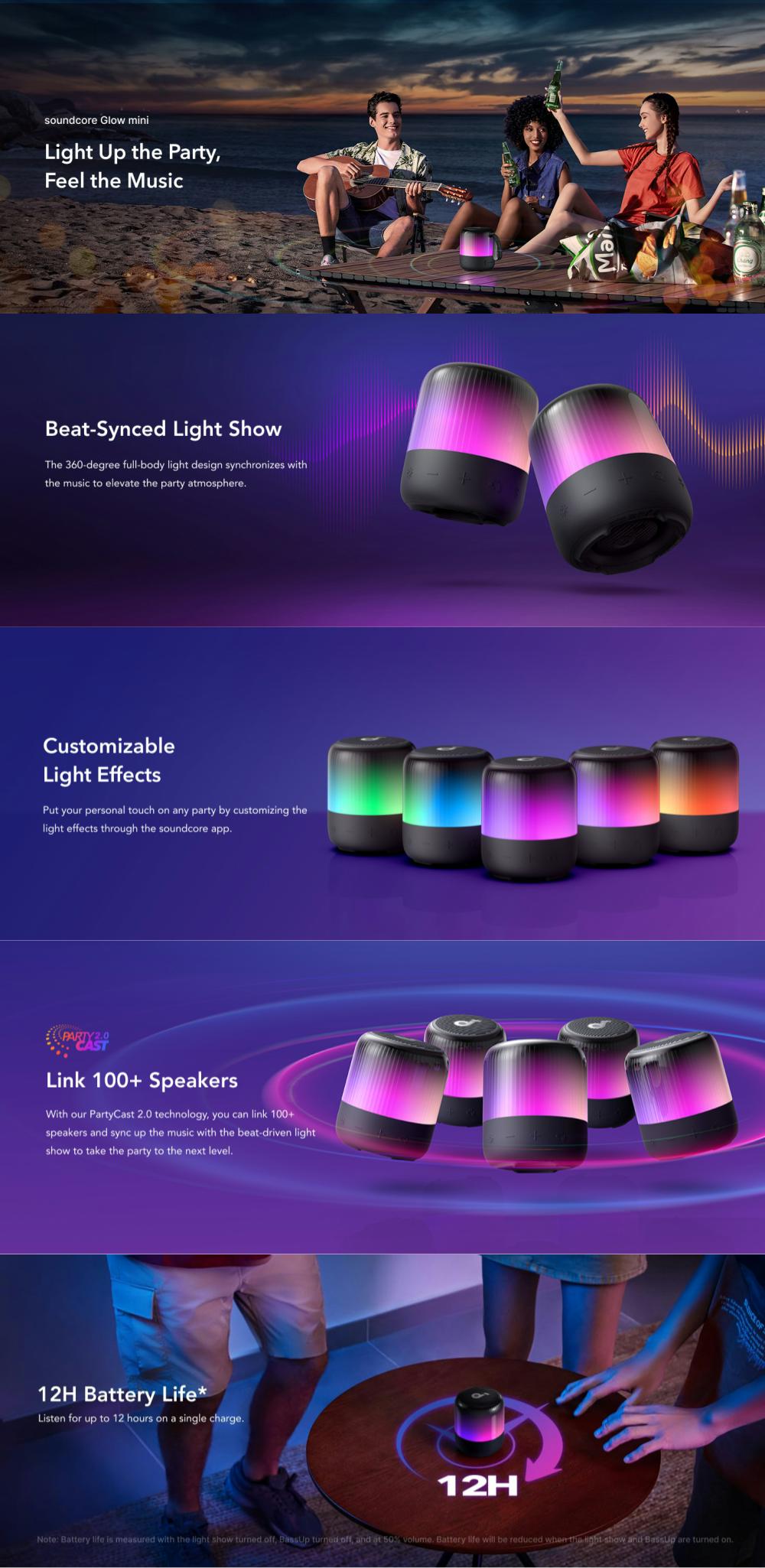 Boxa portabila wireless Anker SoundCore Glow Mini, 8W, Autonomie 12H, Sunet 360°, IP67, Negru