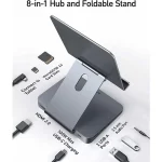 Hub Anker 551 USB-C 8-in-1, cu stand pliabil pentru tableta, 4K HDMI, 2 USB-A, microSD / SD, Gri