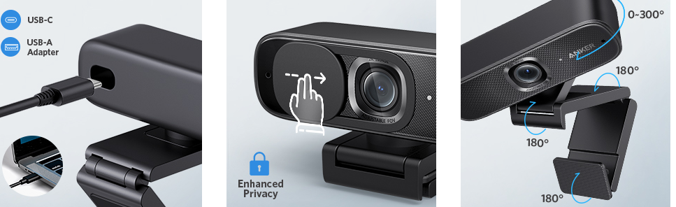 Camera Web Anker PowerConf C302 Smart FullHD, 2K, Autofocus, Noise-Cancelling, HDR, 30fps, Streaming, Corectie Low-Light, Negru